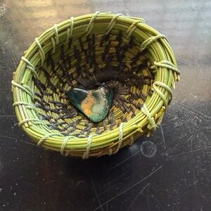 Natural Pine Woven Basket with heart shaped polished rock.